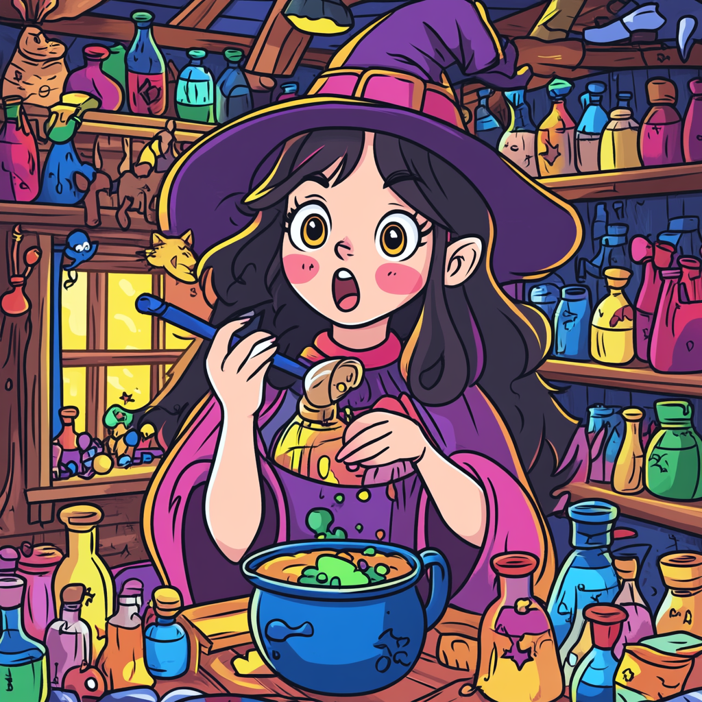 A Surprised Witch Mixing Potions in a Magical House