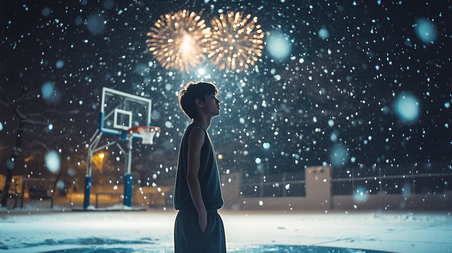 A Sweaty Basketball Player Amidst Chinese Snowy Fireworks