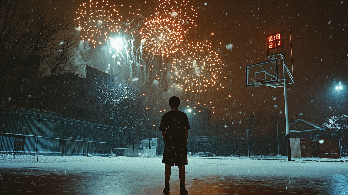 A Sweaty Basketball Player Amidst Fireworks and Snow