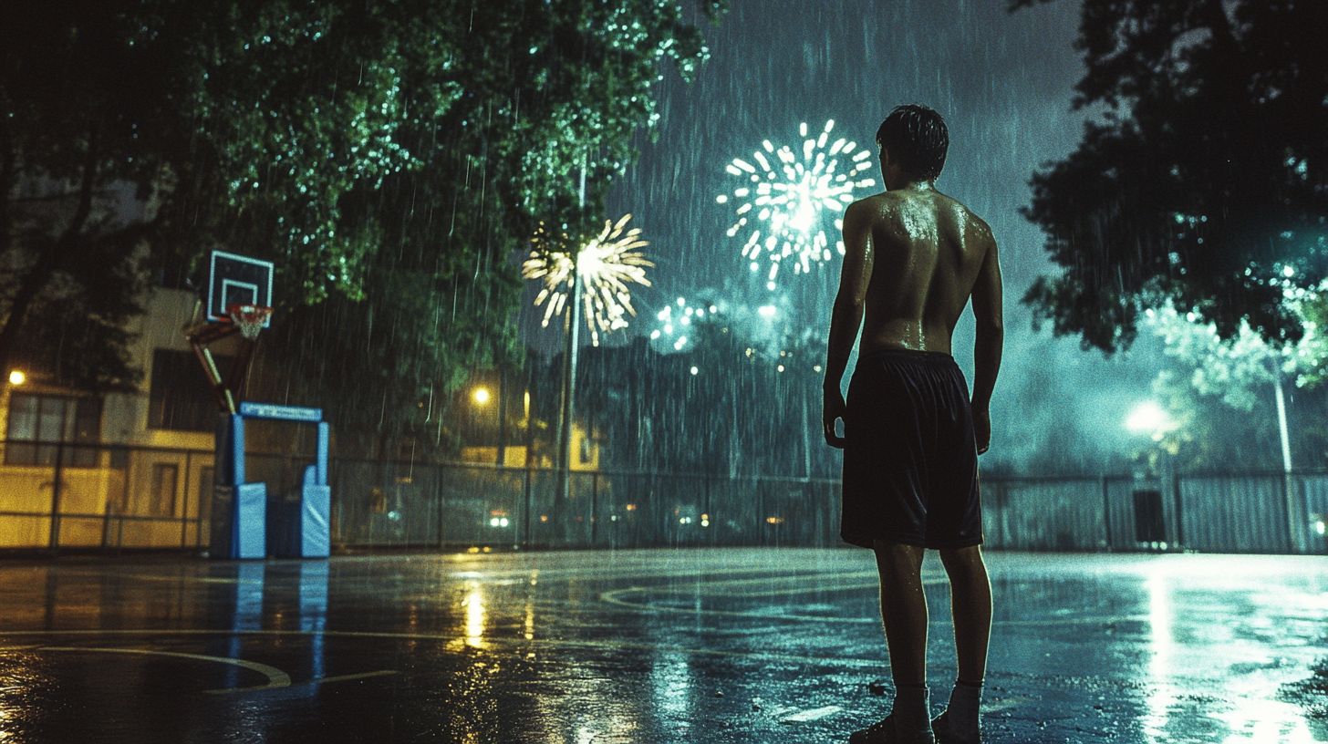 A Sweaty Basketball Player Amidst Fireworks at Night