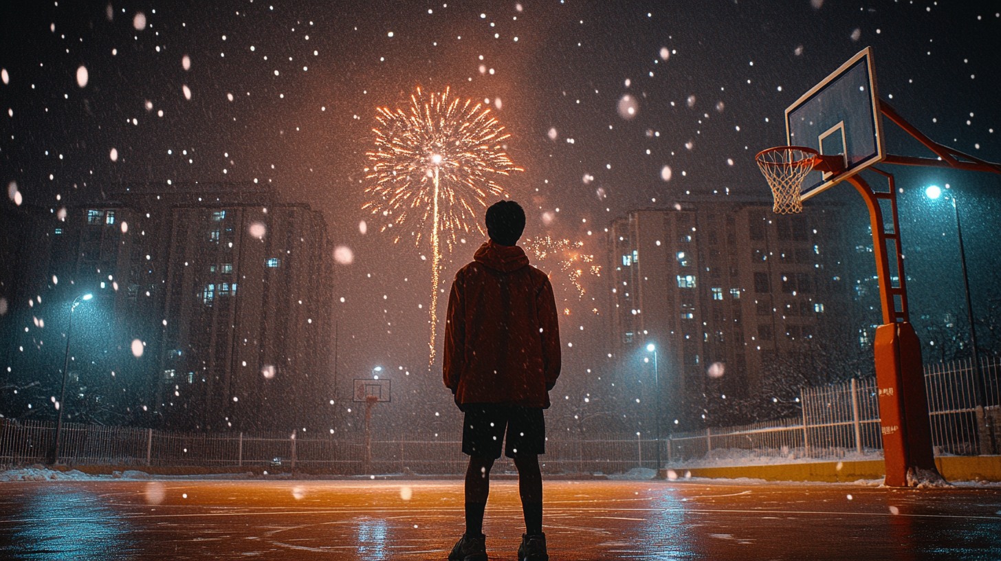 A Sweaty Basketball Player Amidst Snowy Chinese Celebrations