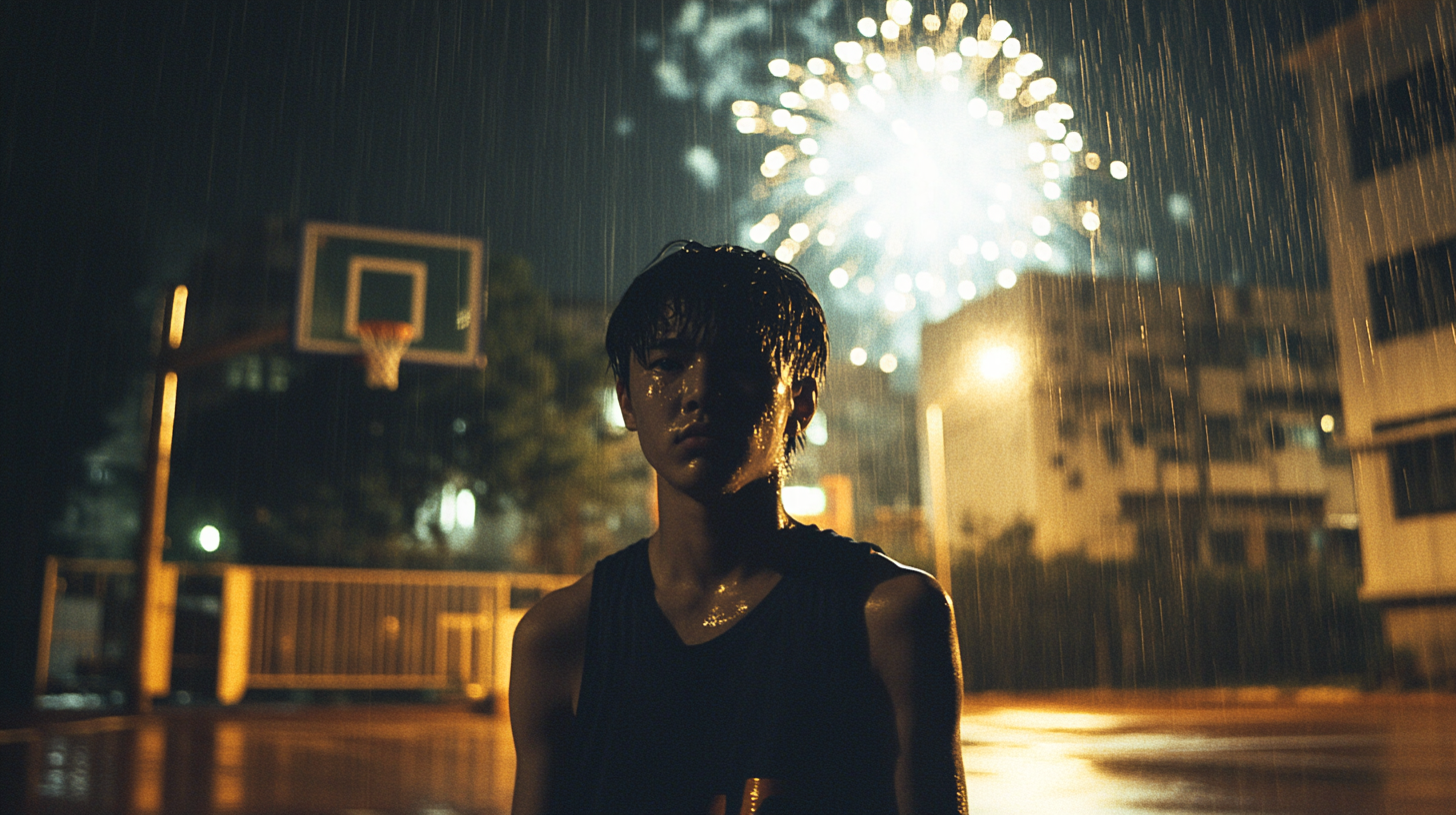 A Sweaty Young Man Playing Basketball Amidst Fireworks