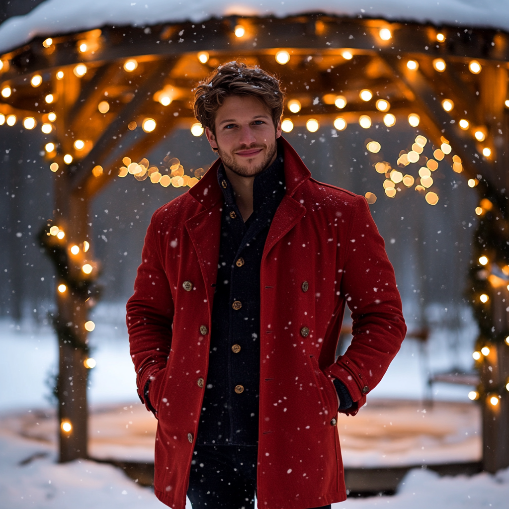 A Sweet Man in Red Coat in Winter Wonderland