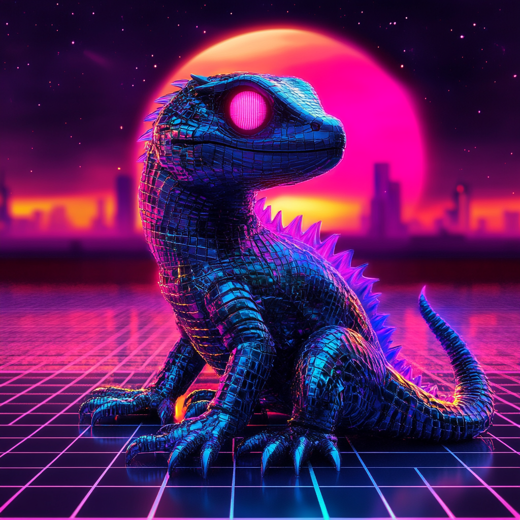 A Synthwave gecko dragon in retro-futuristic style