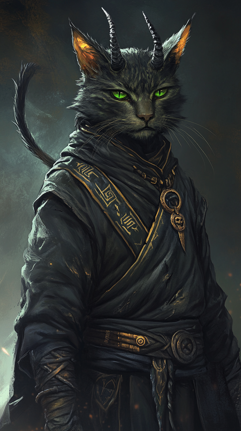 A Tabaxi with glowing eyes, horns, tattered robe