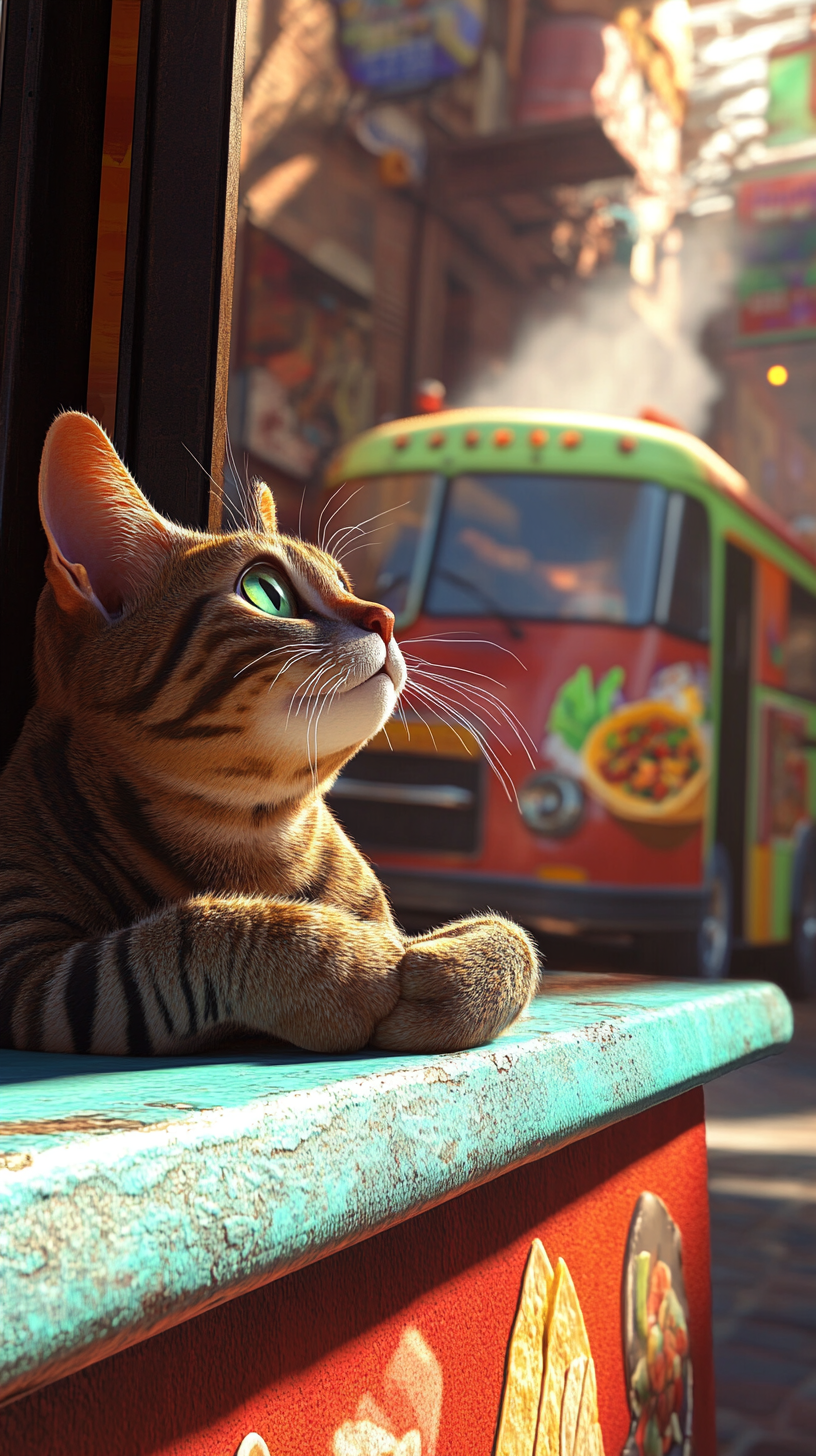 A Tabby Cat Looking at Taco Truck