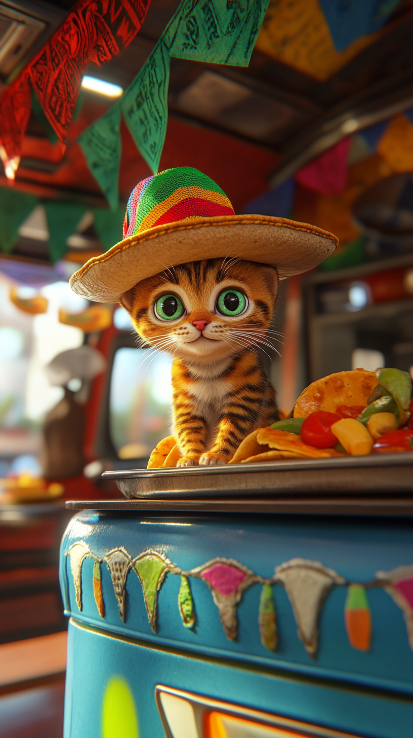 A Tabby Cat in a Sombrero on Chef's Head