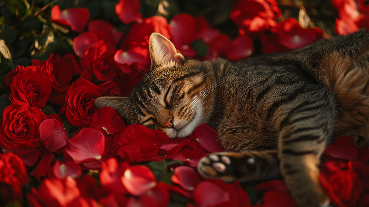 A Tabby cat lounging on messy roses garden.