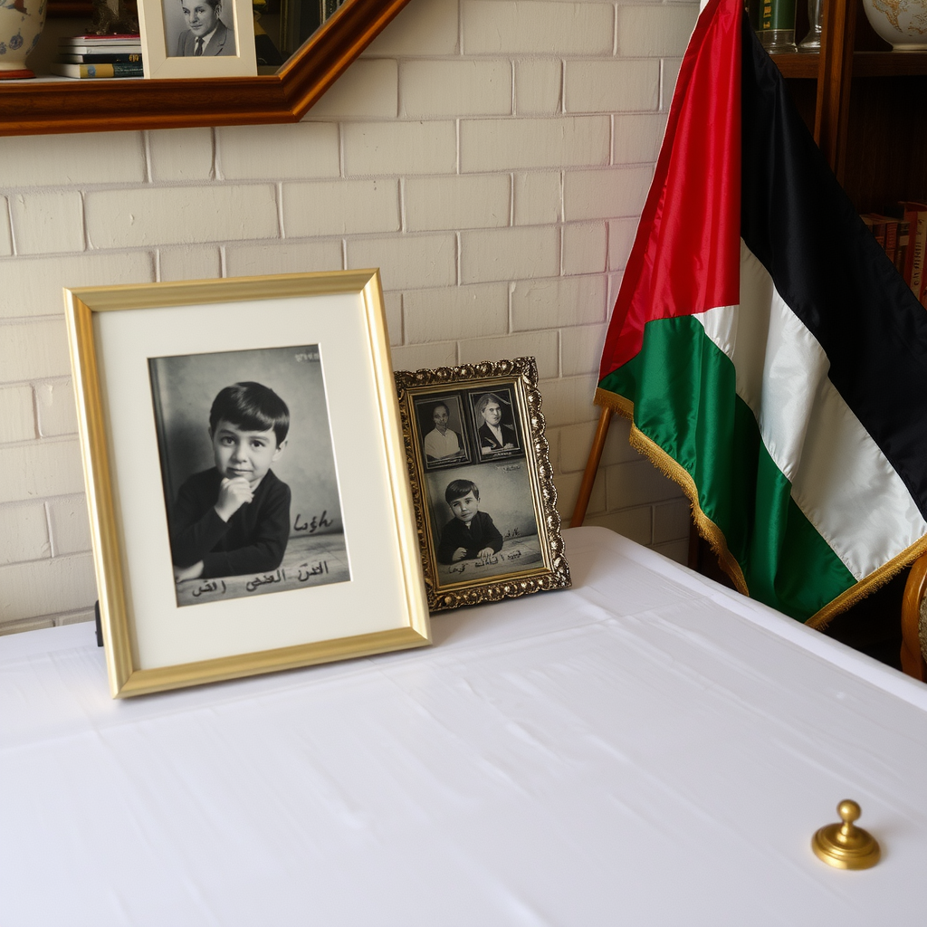 A Table, Picture, and Palestinian Flag Ages