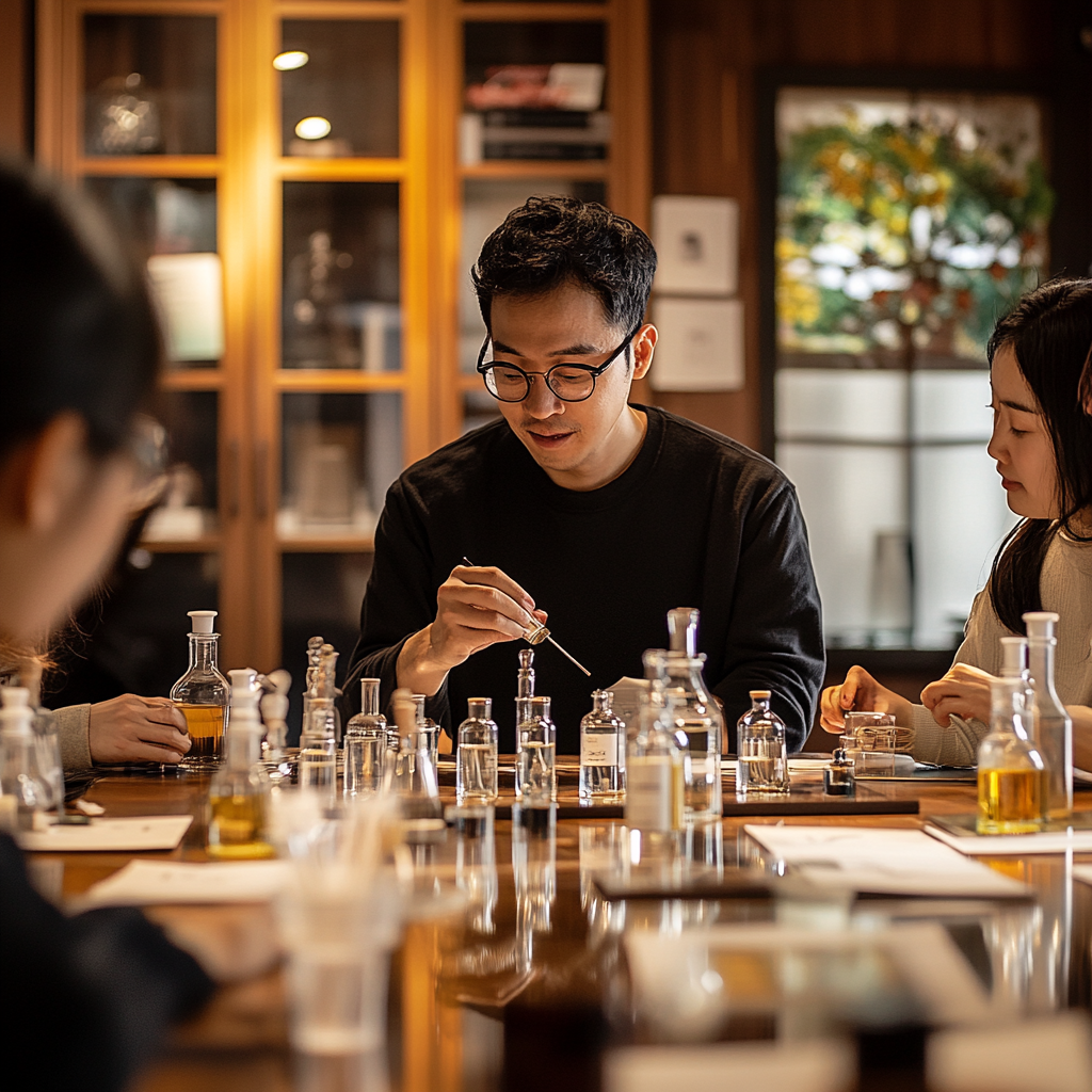 A Taiwanese perfumery class with students blending fragrances.