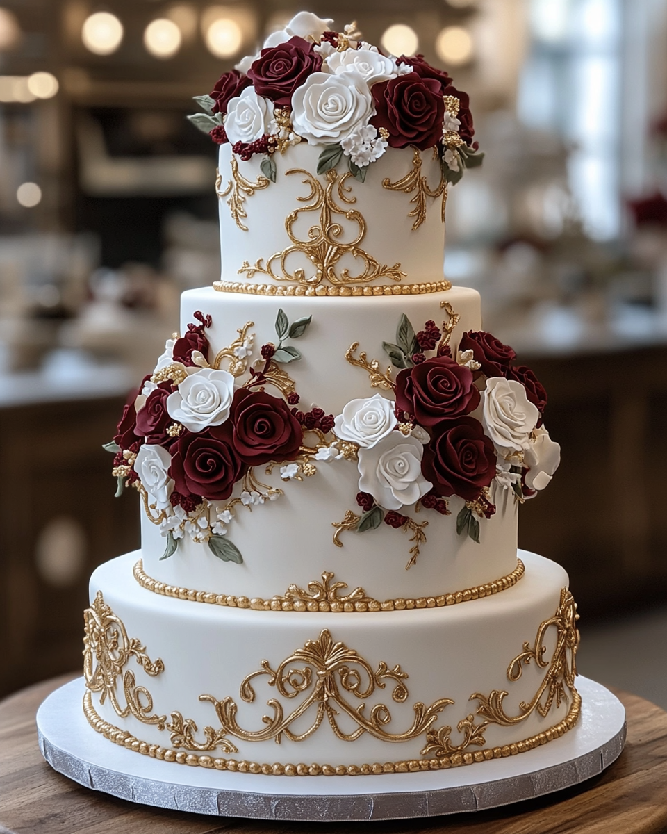 A Tall, Multitiered Wedding Cake with Elegant Design