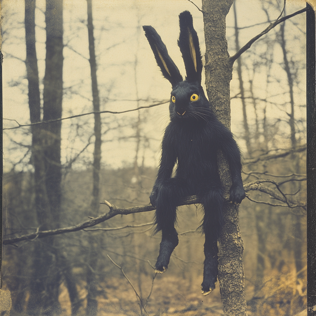 A Tall Black Rabbit Sitting in Tree