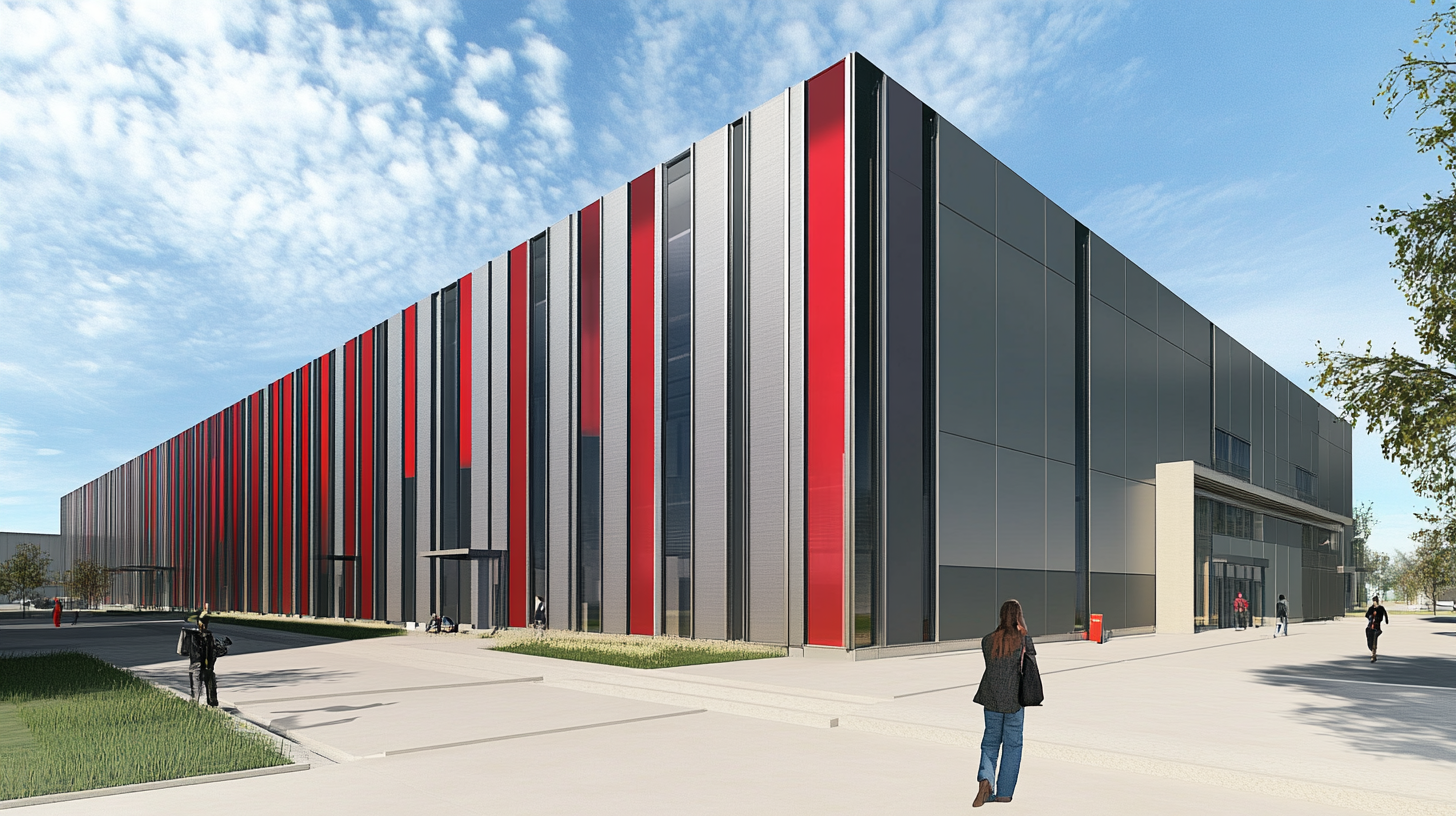 A Tall Factory Building with Gray and Red Panels