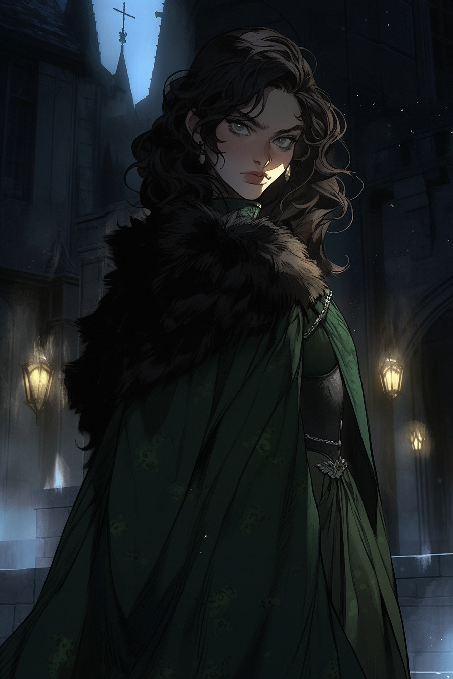 A Tall Lady in Green Dress at Winter Castle