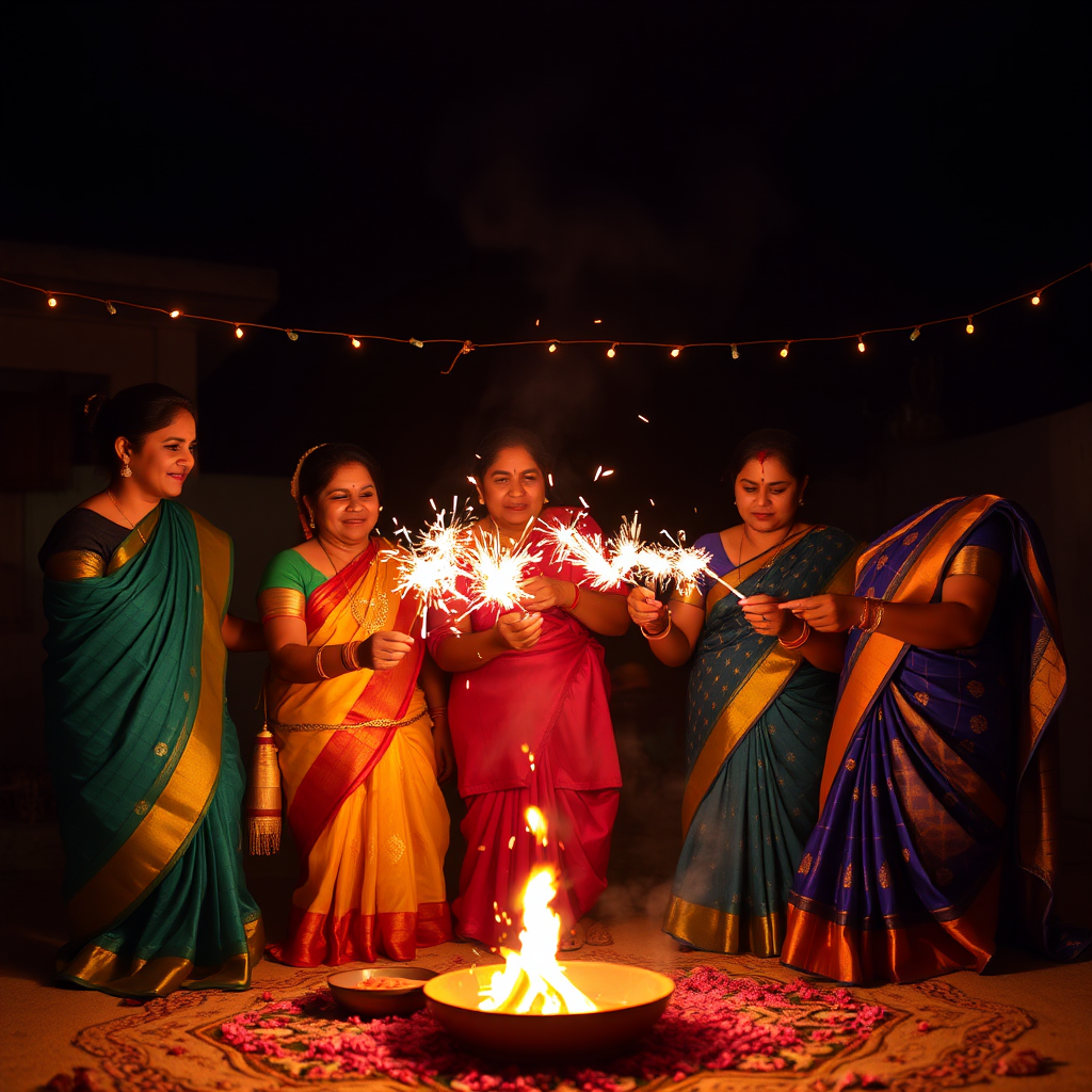 A Tamil Family Celebrating Deepavali with Firecrackers