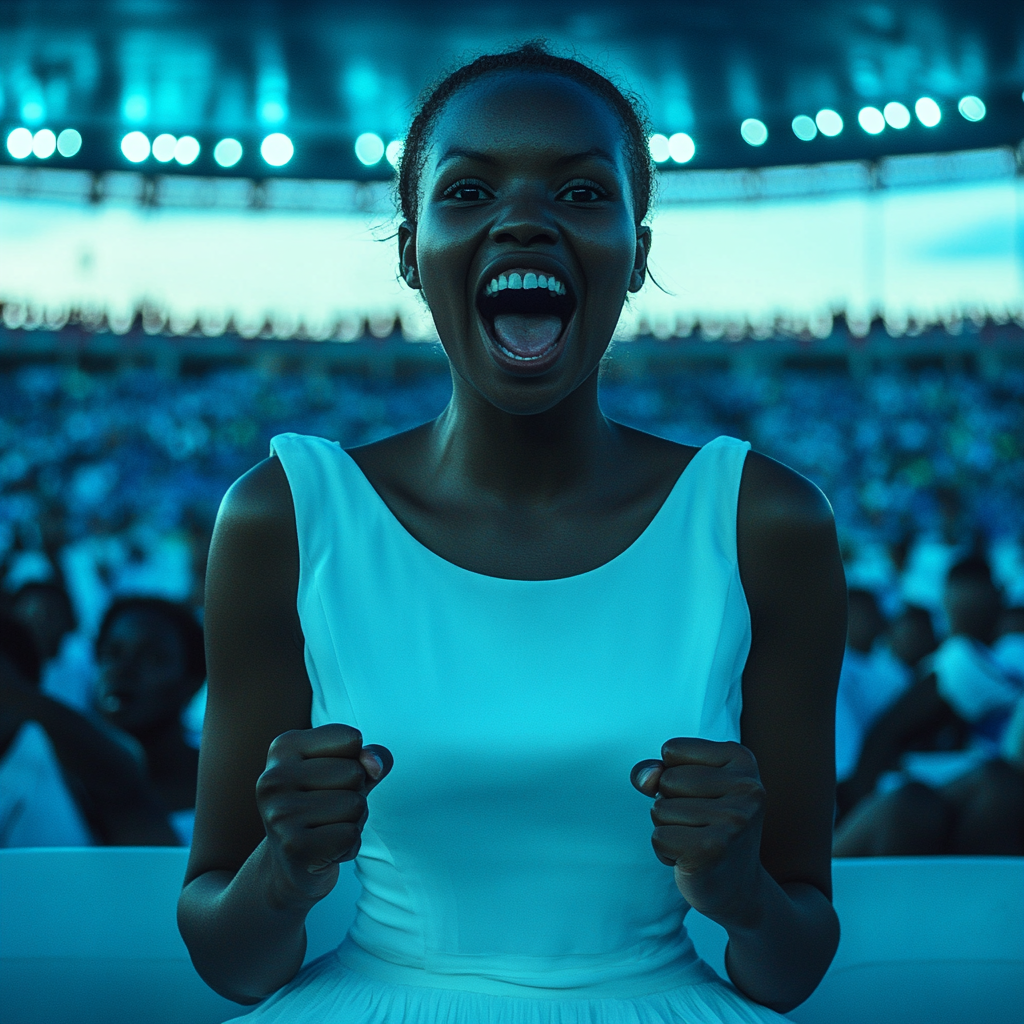 A Tanzanian girl celebrates victory in football stadium