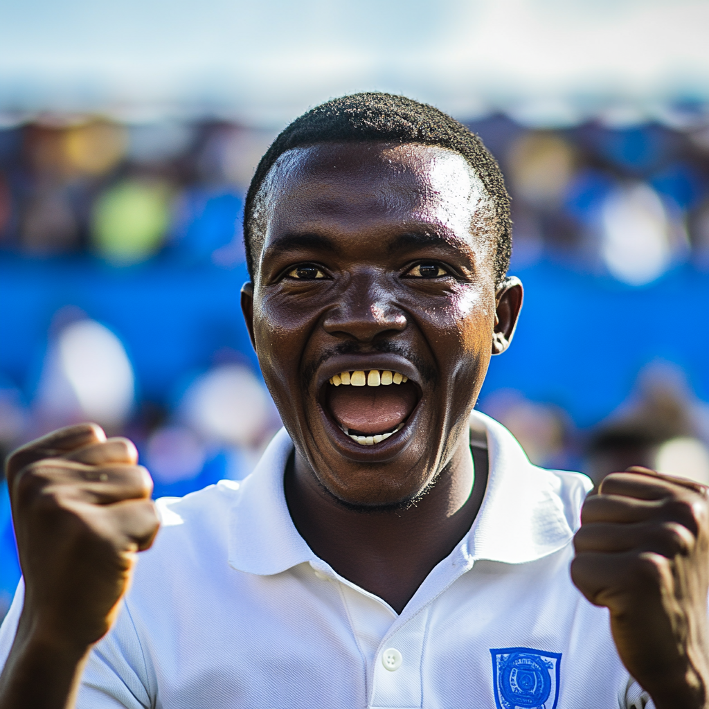 A Tanzanian man celebrates victory at vibrant stadium