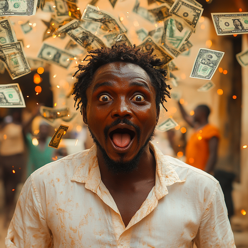 A Tanzanian man celebrates victory with money rain