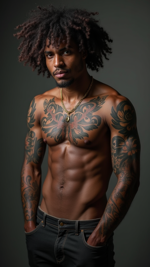 A Tattooed Man with Curly Hair and Dark Skin