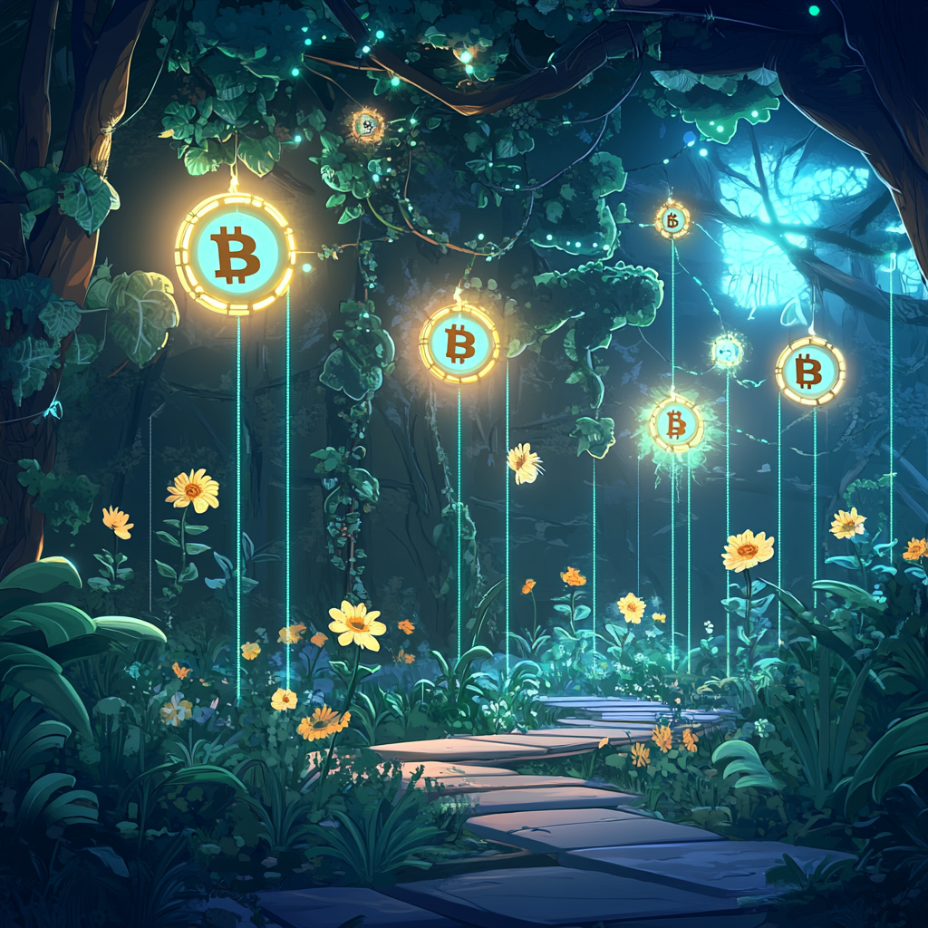 A Tech Garden with Bitcoin Flowers Connecting Chains