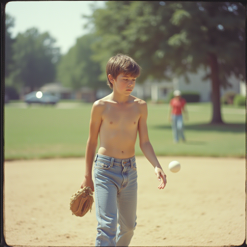 A Teen Playing Baseball in 1980s Suburb
