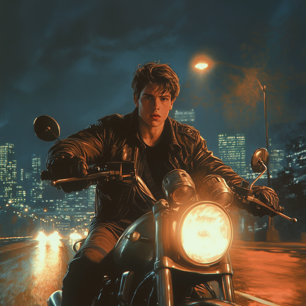 A Teenager on Motorcycle in Urban Night