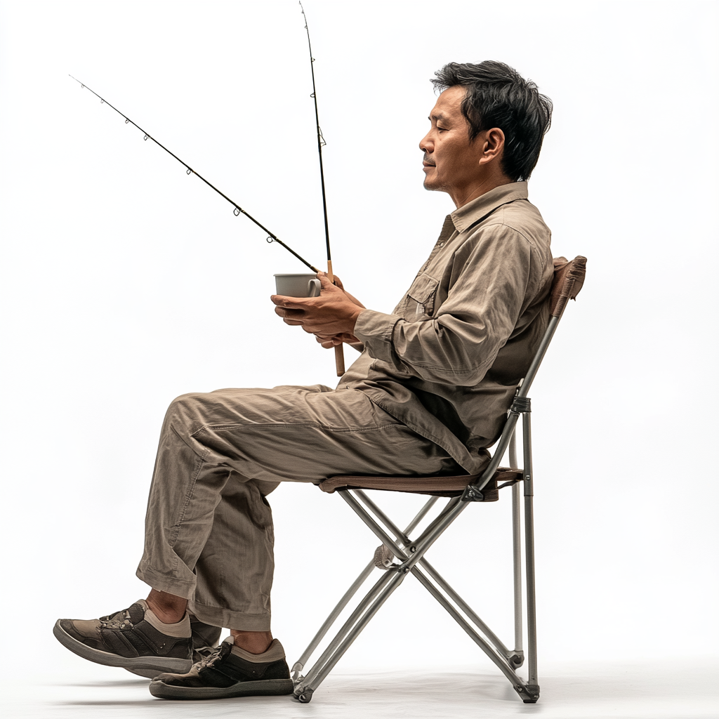 A Thai Man Fishing on a Folding Chair