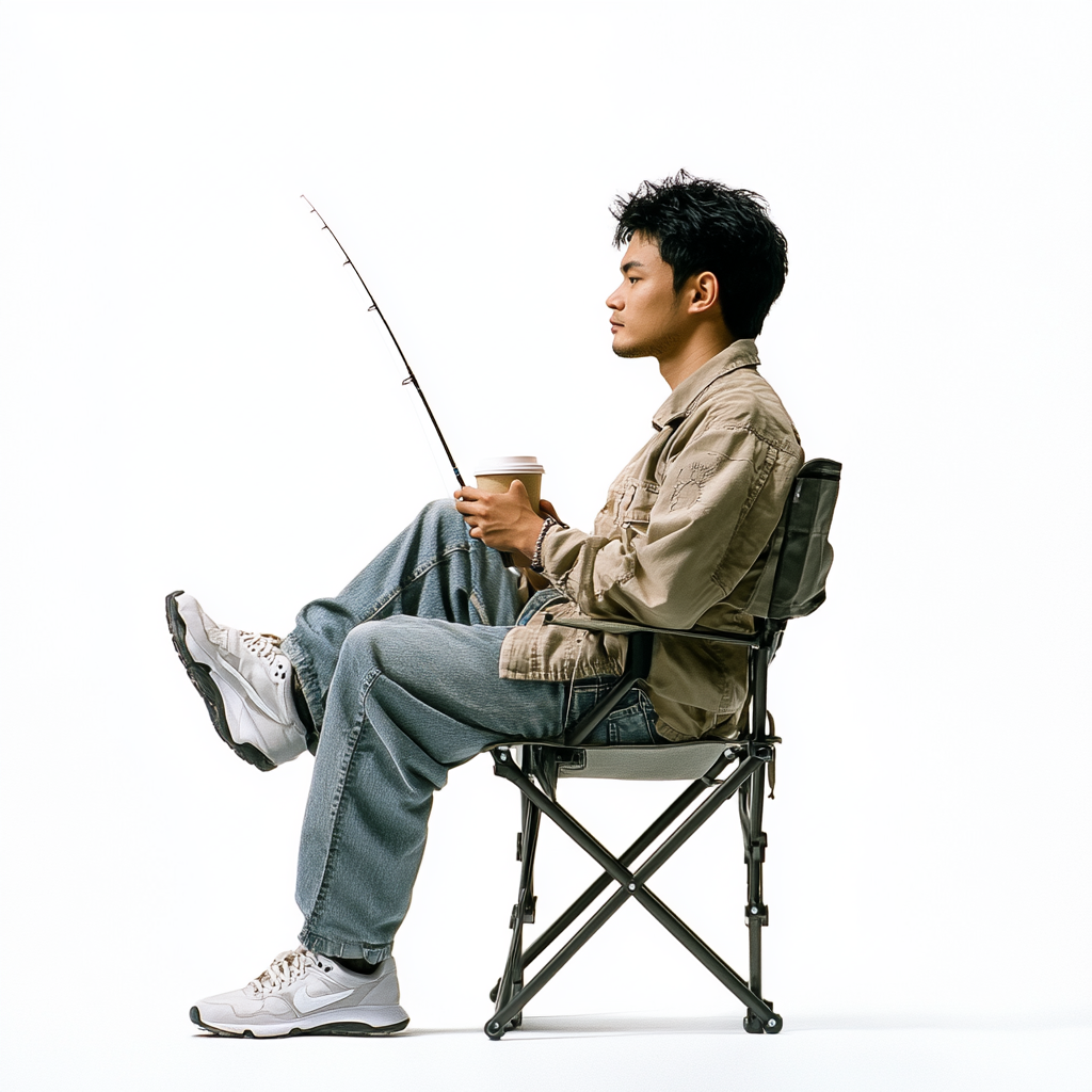 A Thai man fishing with coffee on chair.