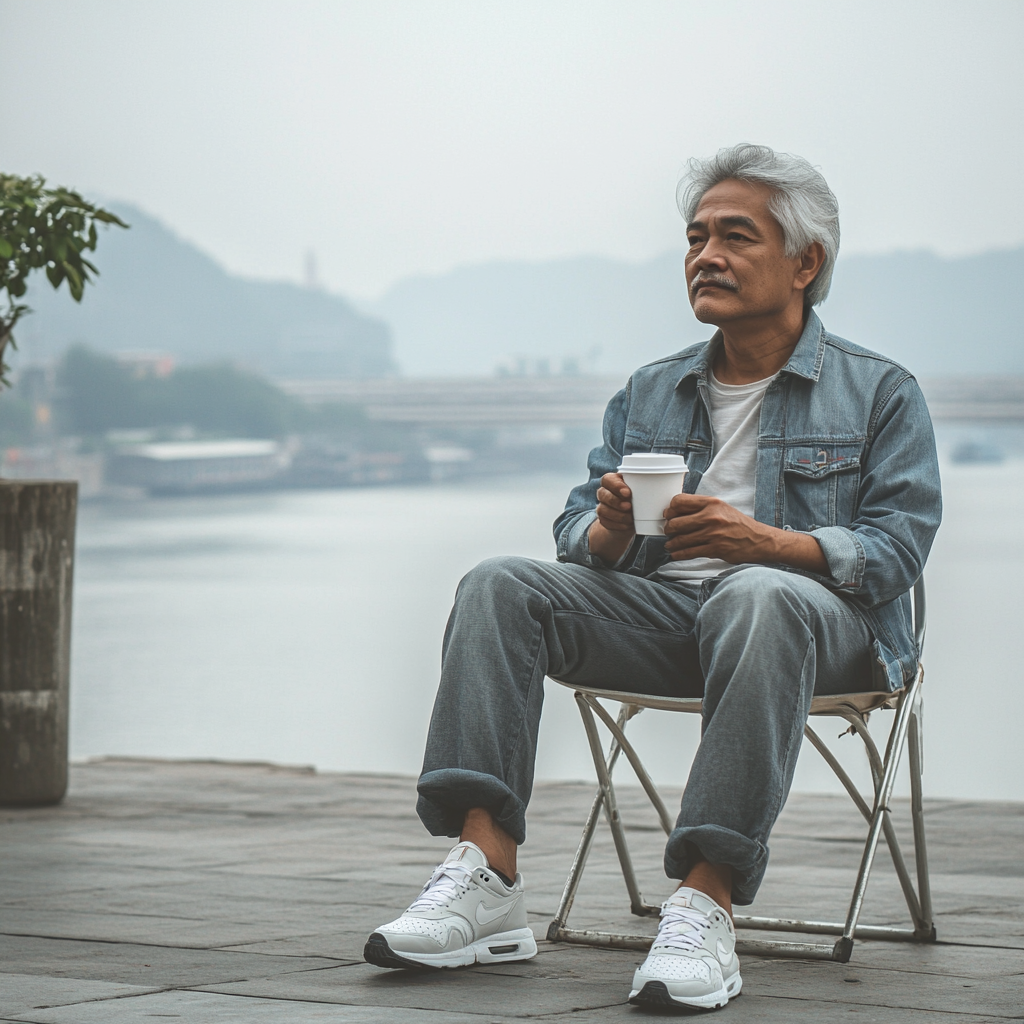 A Thai man sitting by the river drinking coffee.