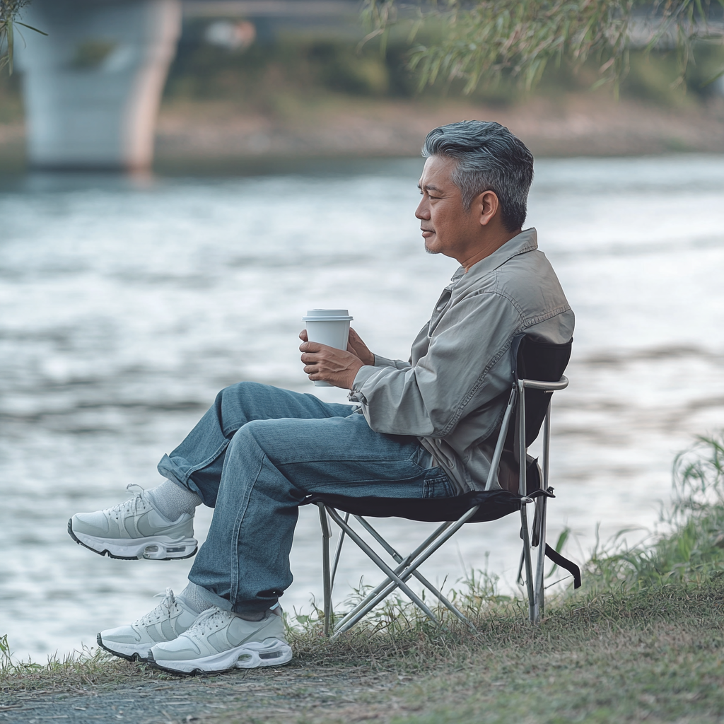 A Thai man sitting on chair fishing calmly.