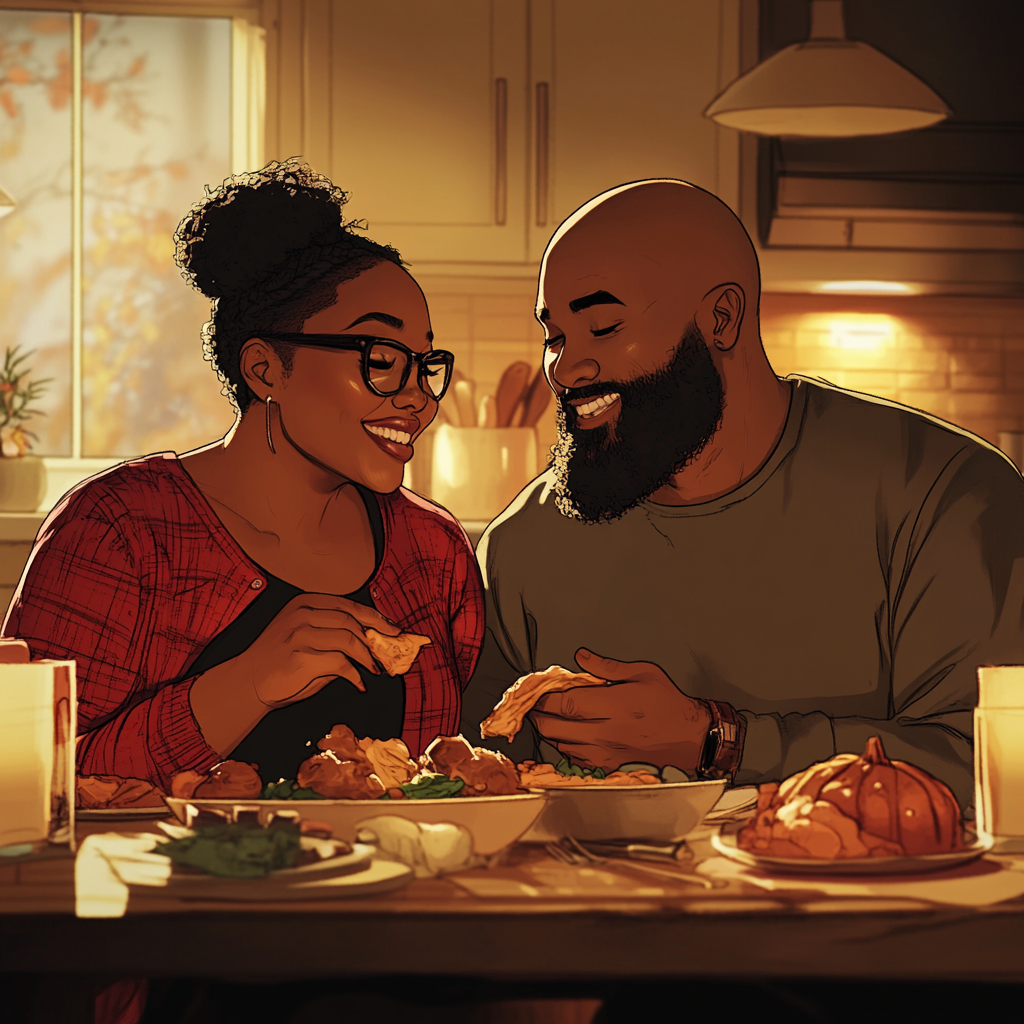 A Thanksgiving Feast: Loving Couple Sharing Meal Together