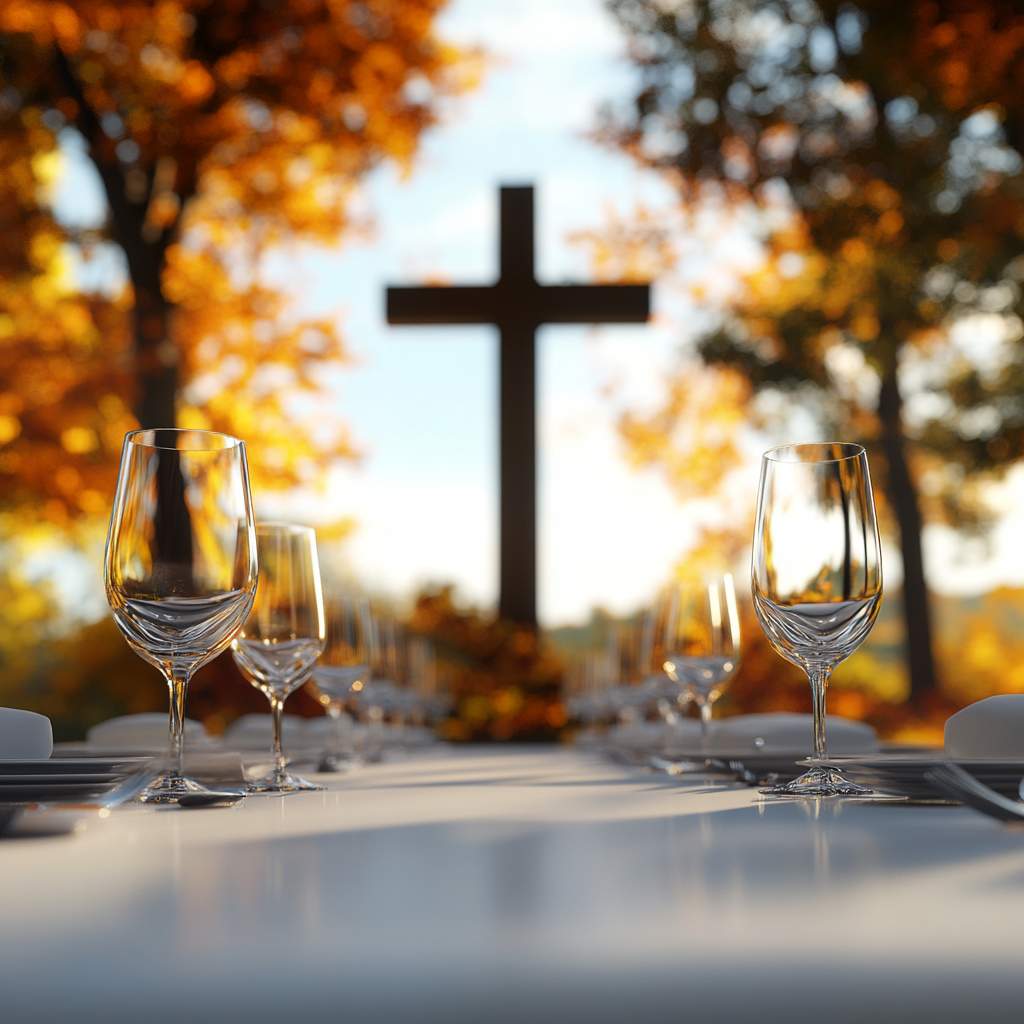 A Thanksgiving table setting with a beautiful cross