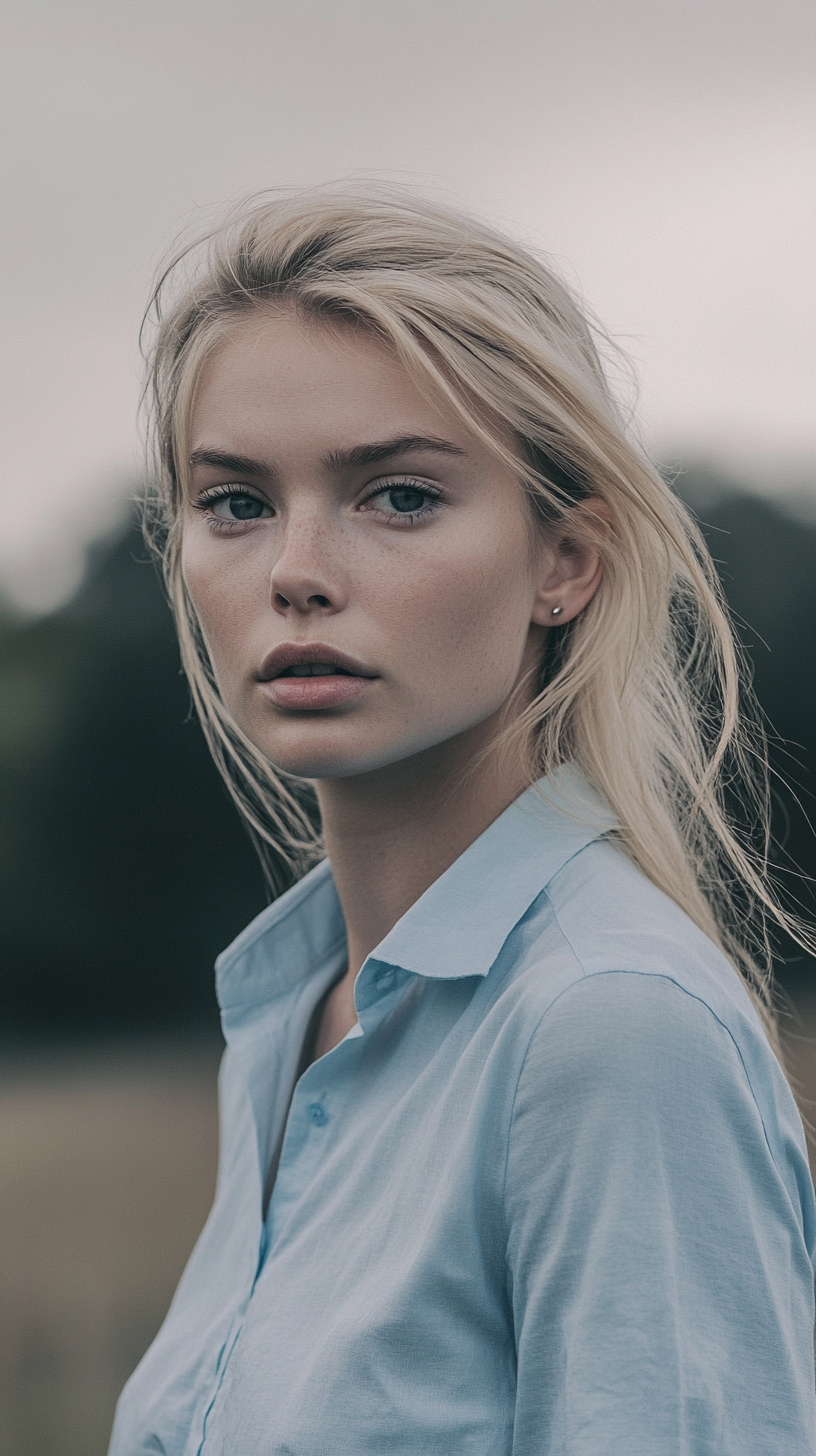 A Thoughtful Woman Walking Outdoors in Blue