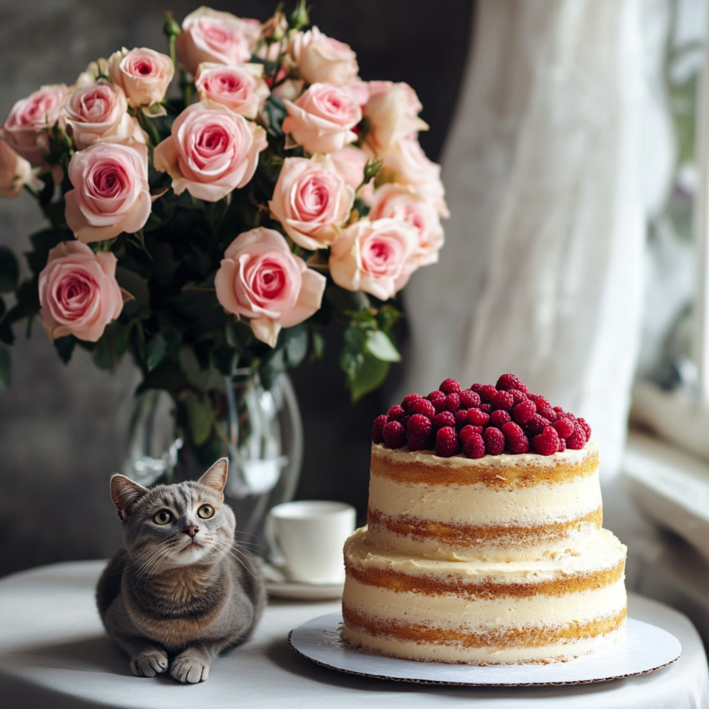 A Three-Tiered Cake with Berries and Roses