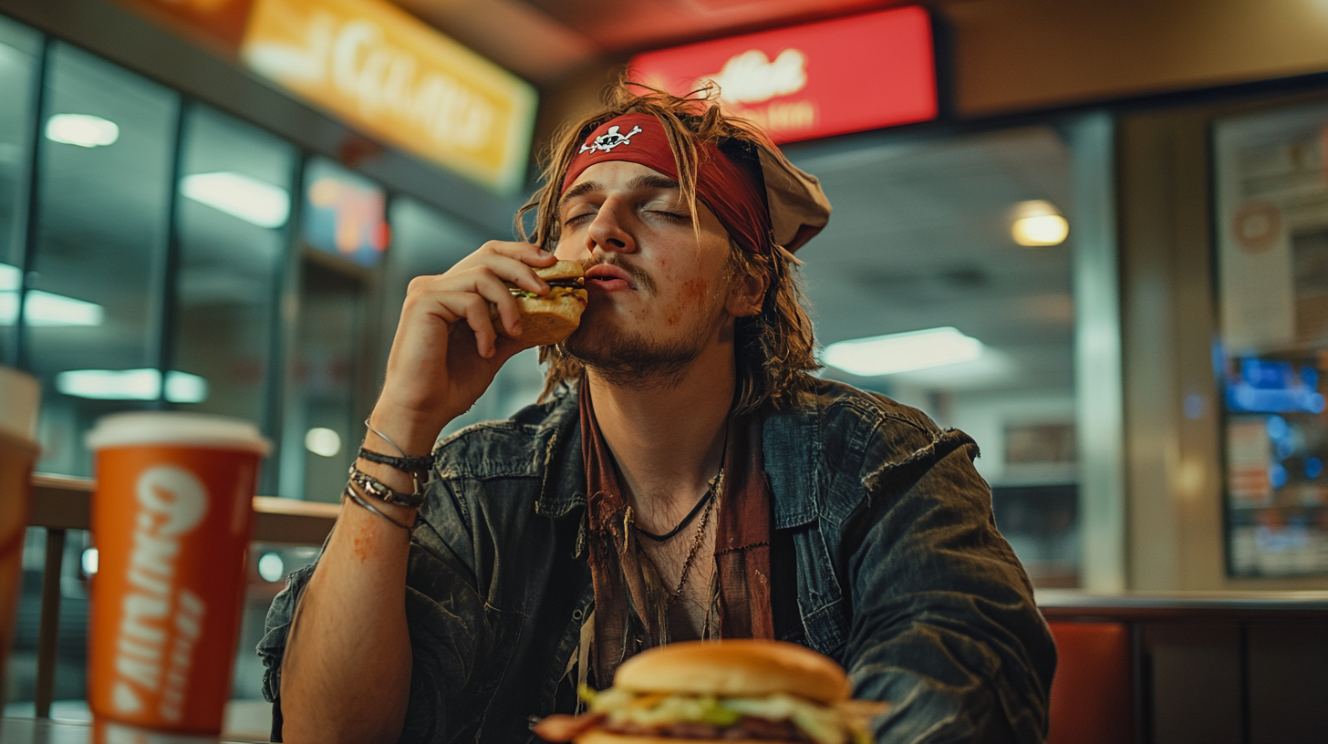 A Tired Pirate Enjoying Fast-Food at Midnight