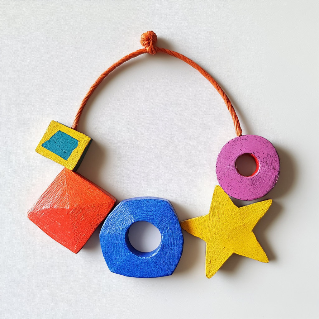 A Toddler's Colorful Shapes Necklace on White Background