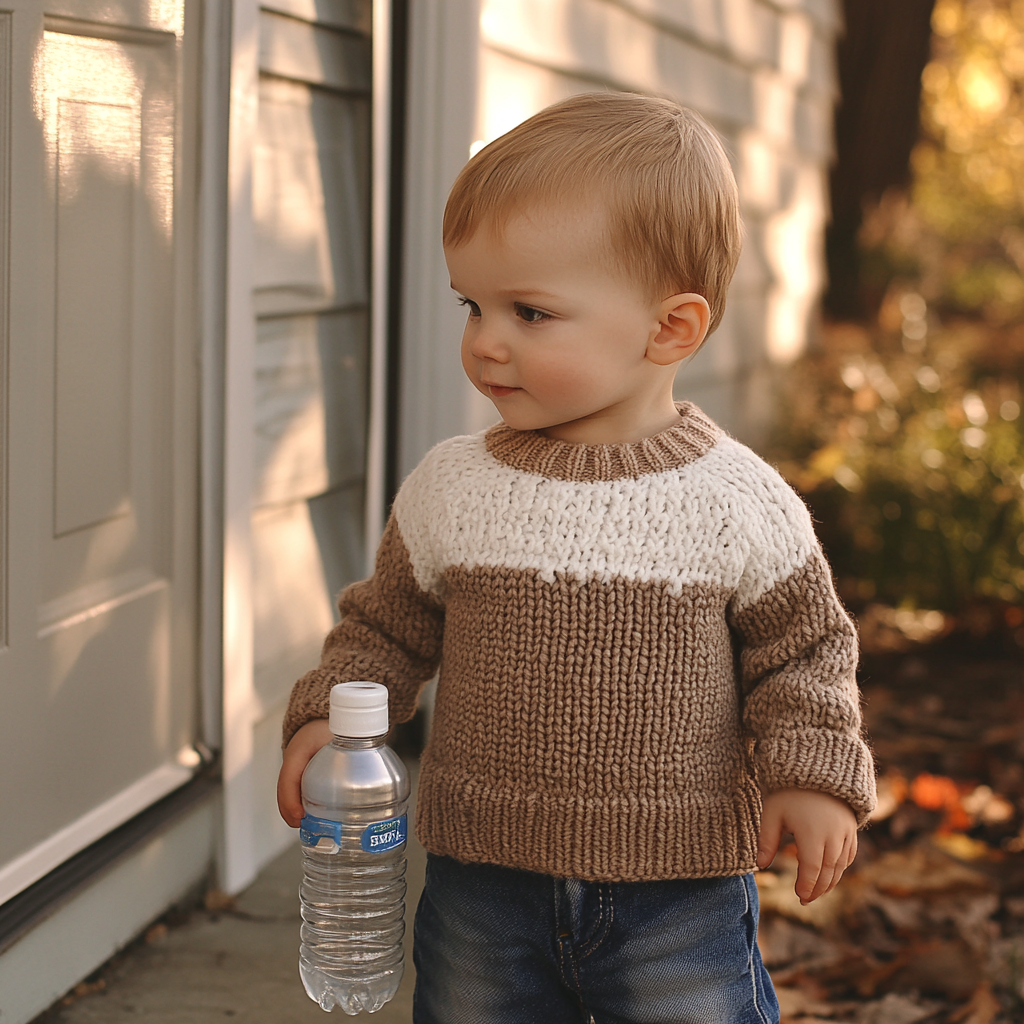 A Toddler Boy in Brown Sweater on Porch