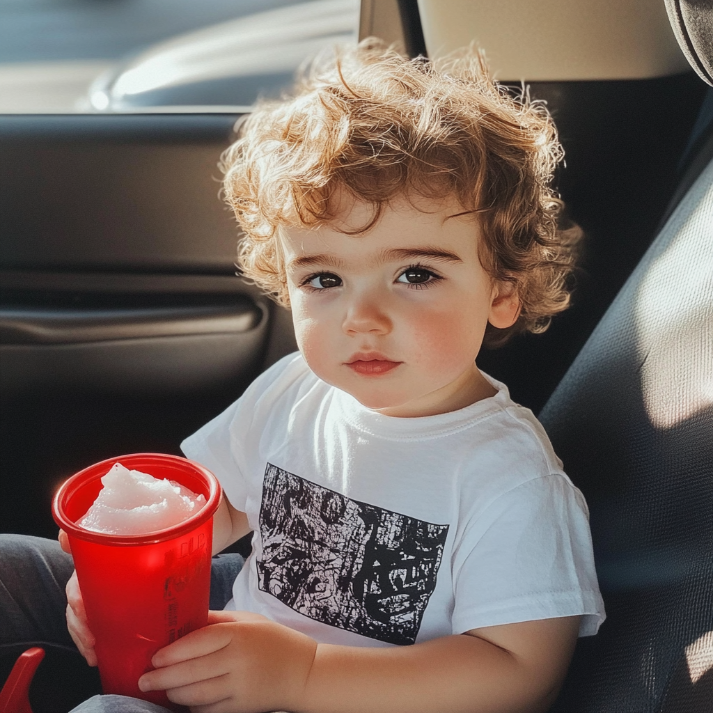 A Toddler Boy with Red Slushie in Car.