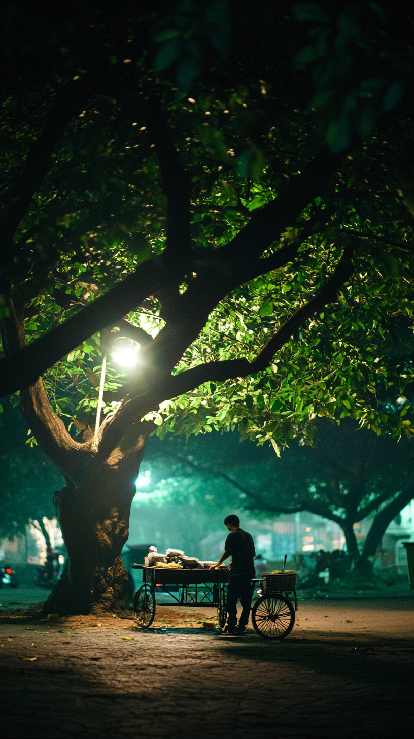 A Traditional Indonesian Seller Under Tree at Night