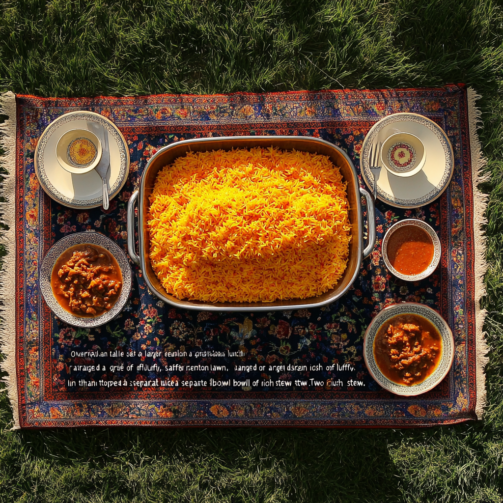 A Traditional Iranian Lunch Table on Green Lawn