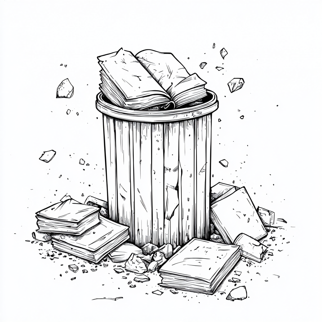 A Trash Can Surrounded by Books and Litter