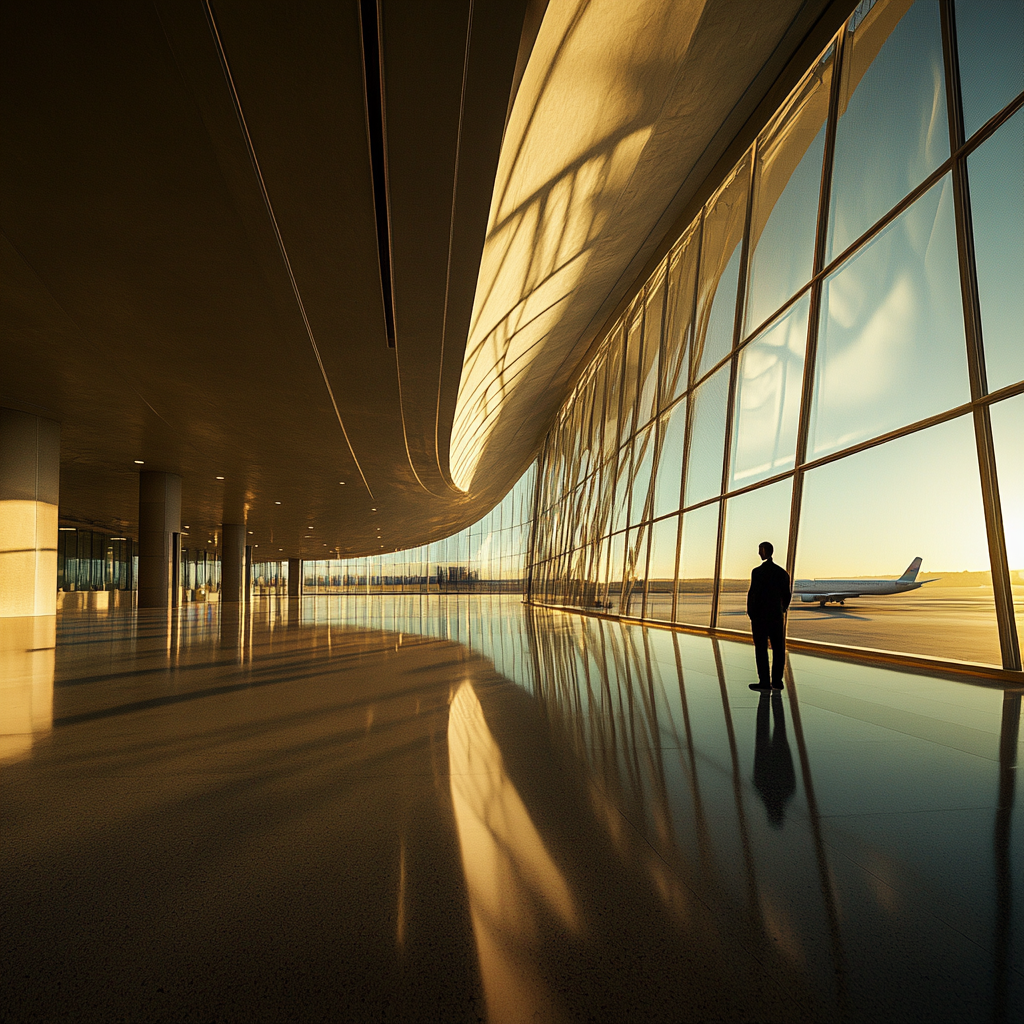 A Traveler in Empty Airport Terminal at Sunrise