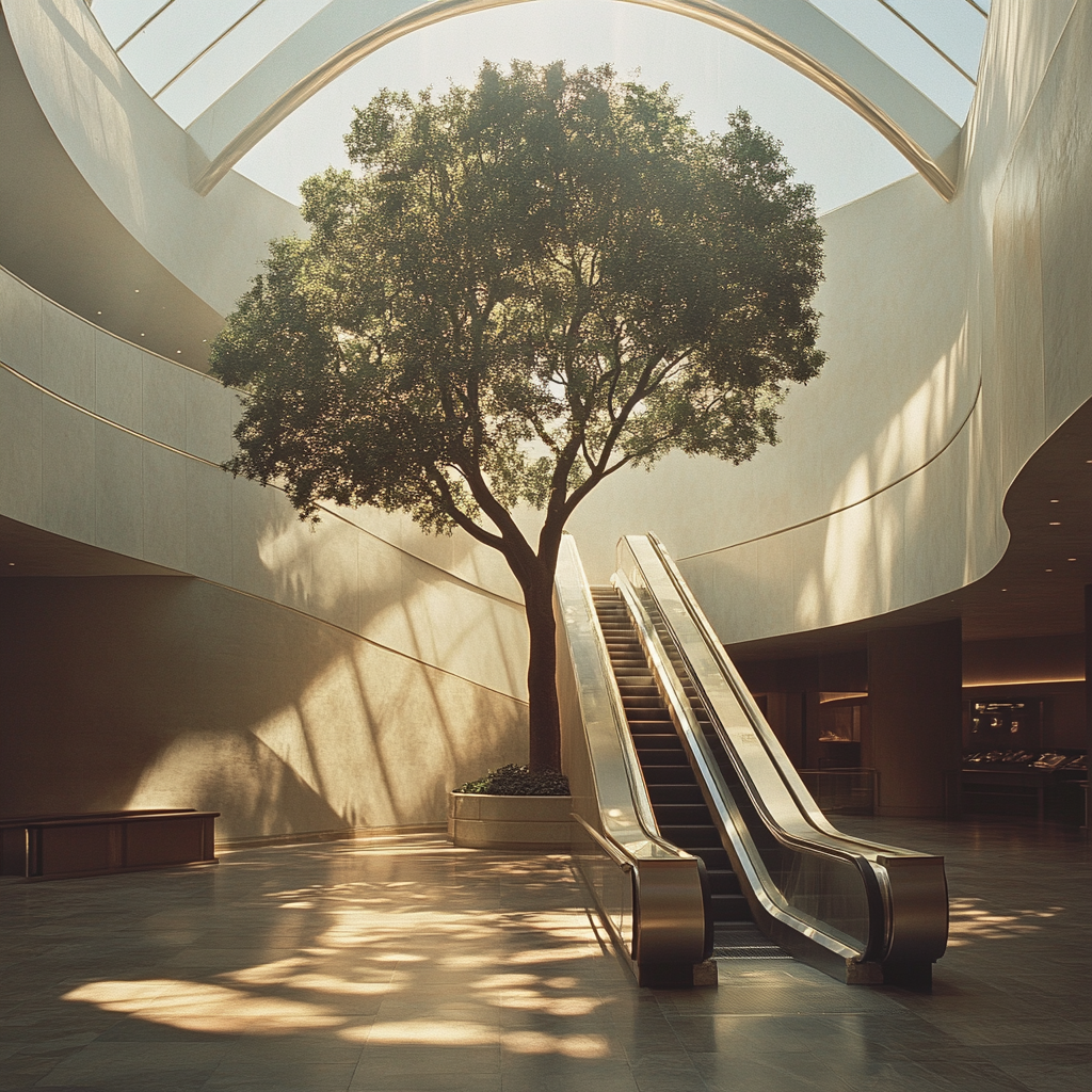 A Tree and Escalator in Art Museum Lobby