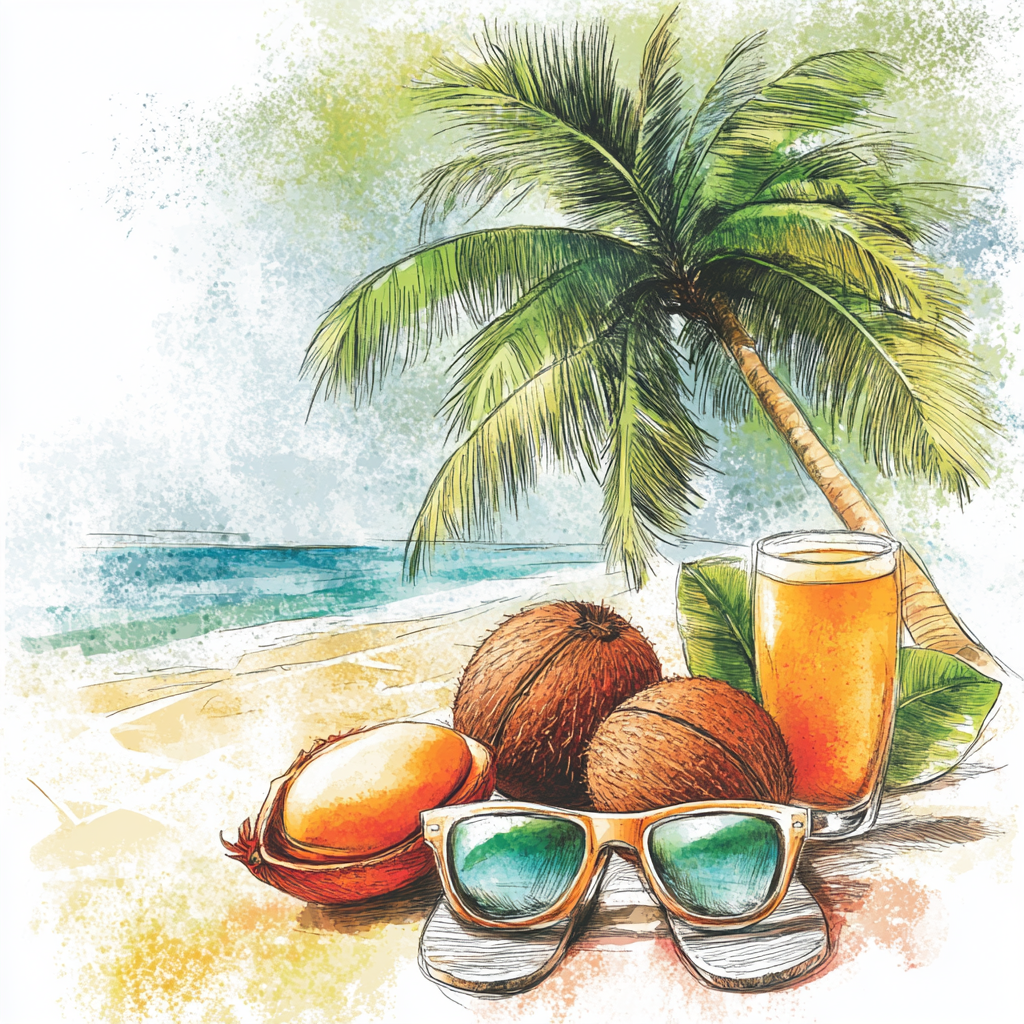 A Tropical Beach Scene with Mangoes and Coconuts