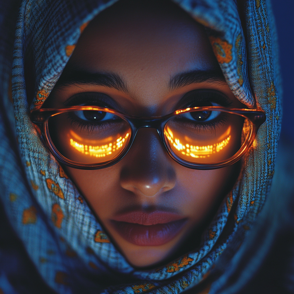 A Tunisian woman working on computer at night.