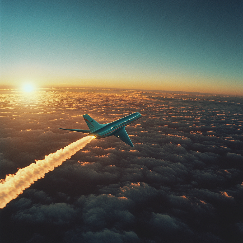 A Turquoise Jet Flying in Sunset Skies.