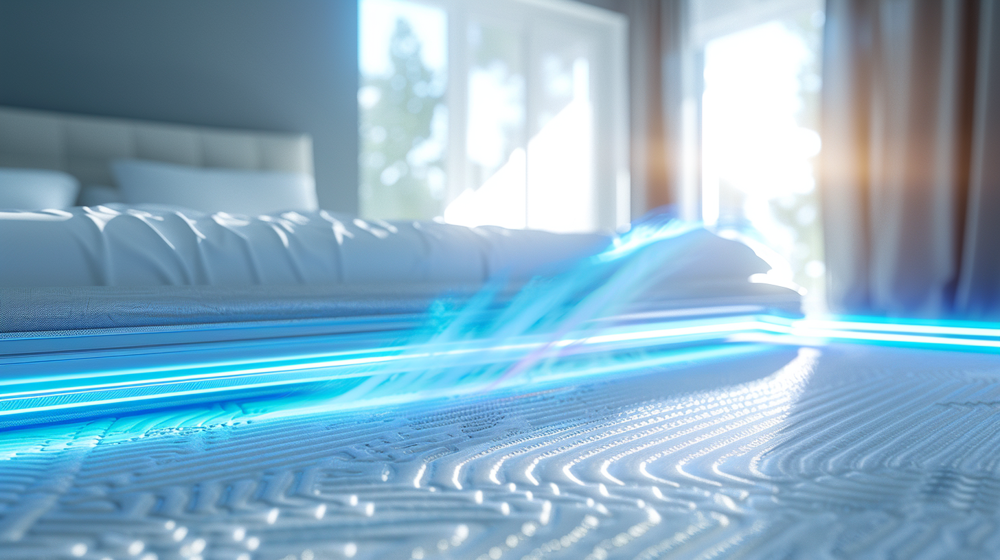 A UV sterilizer shining on a clean bedroom.