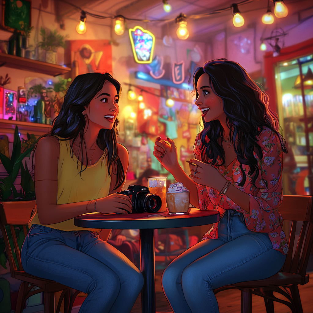 A Vibrant Café with Vivian and Eesha Laughing