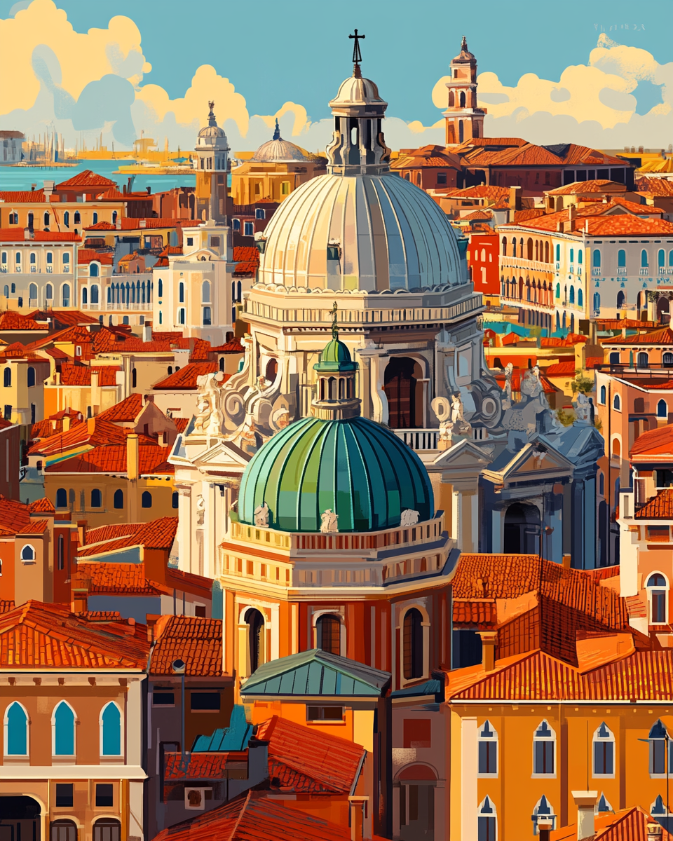 A Vibrant Sunset over Venice's Colorful Architecture