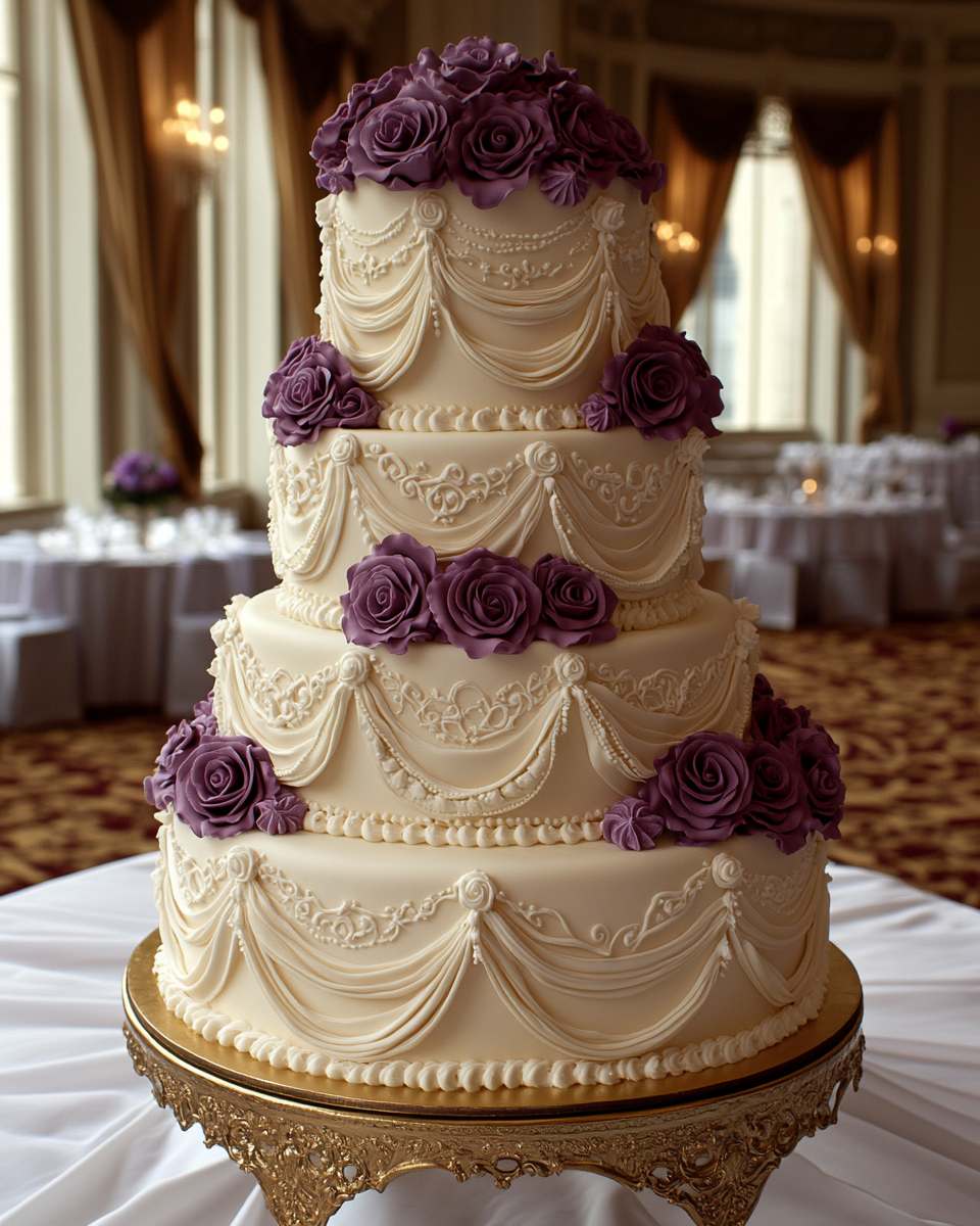 A Victorian-inspired tall wedding cake in purple swirls